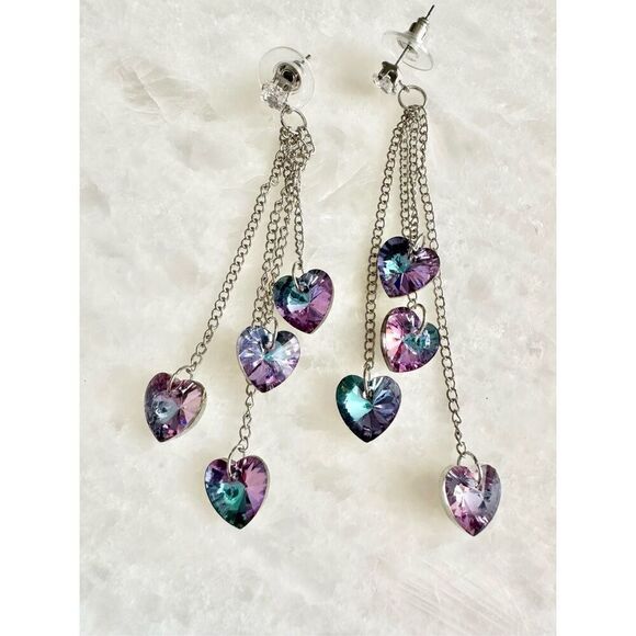 No Brand Jewelry - Purple and blue iridescent dangle heart chandelier chain-link earrings